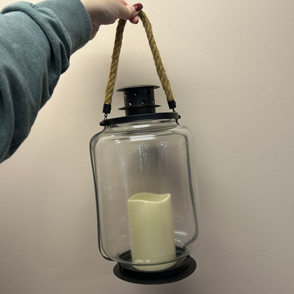 Glass Lantern LED Candle Rope Handle Black Metal Trim Battery Operated Farmhouse